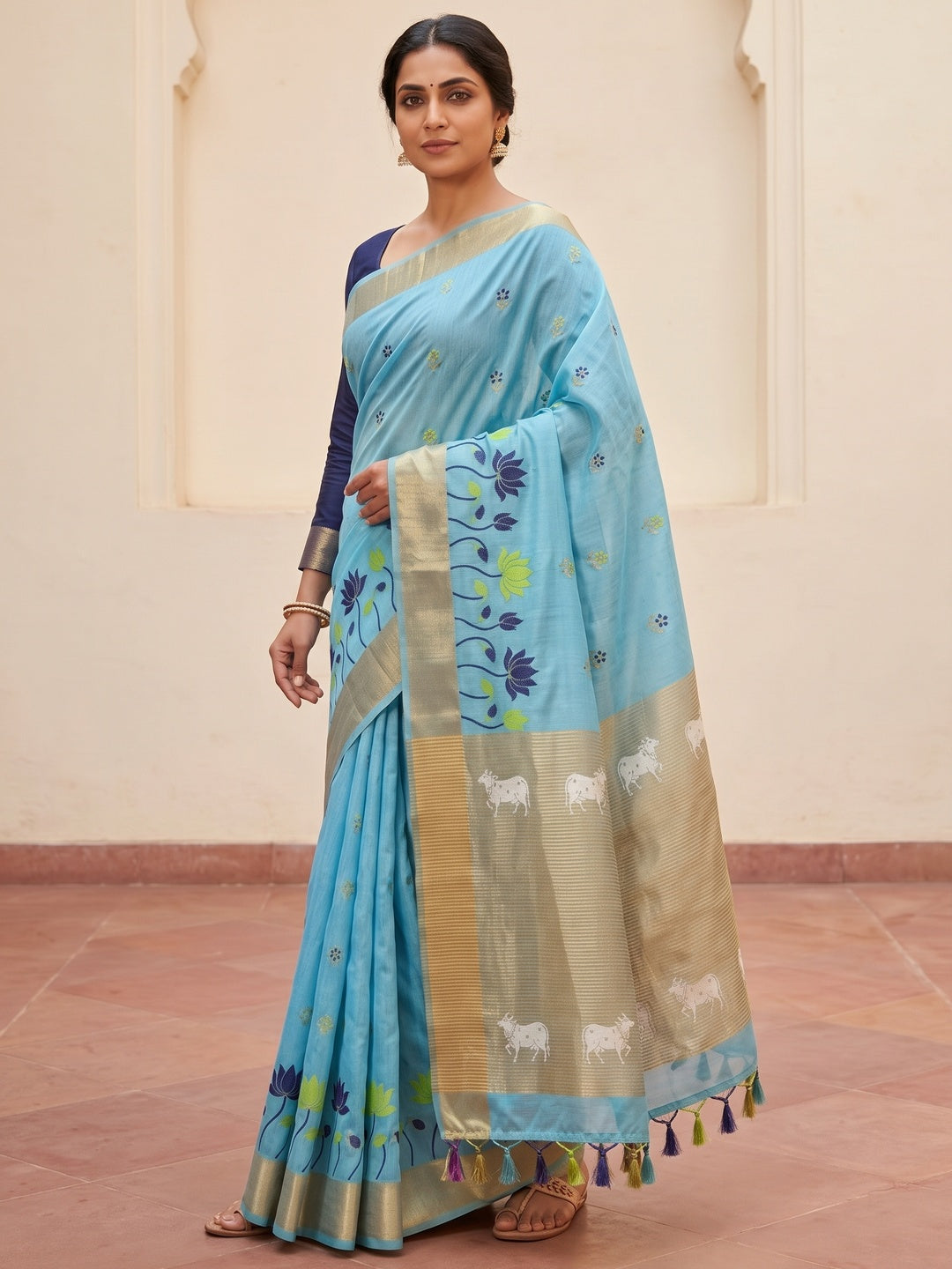 Peachmode Sky Blue Jamdani Woven Silk Cotton Blend Saree - Image 4