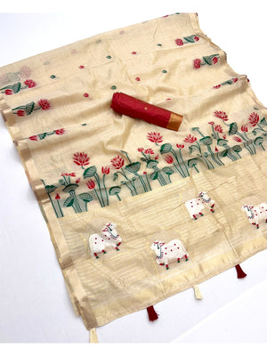 Peachmode Cream Jamdani Woven Silk Cotton Blend Saree - Image 2