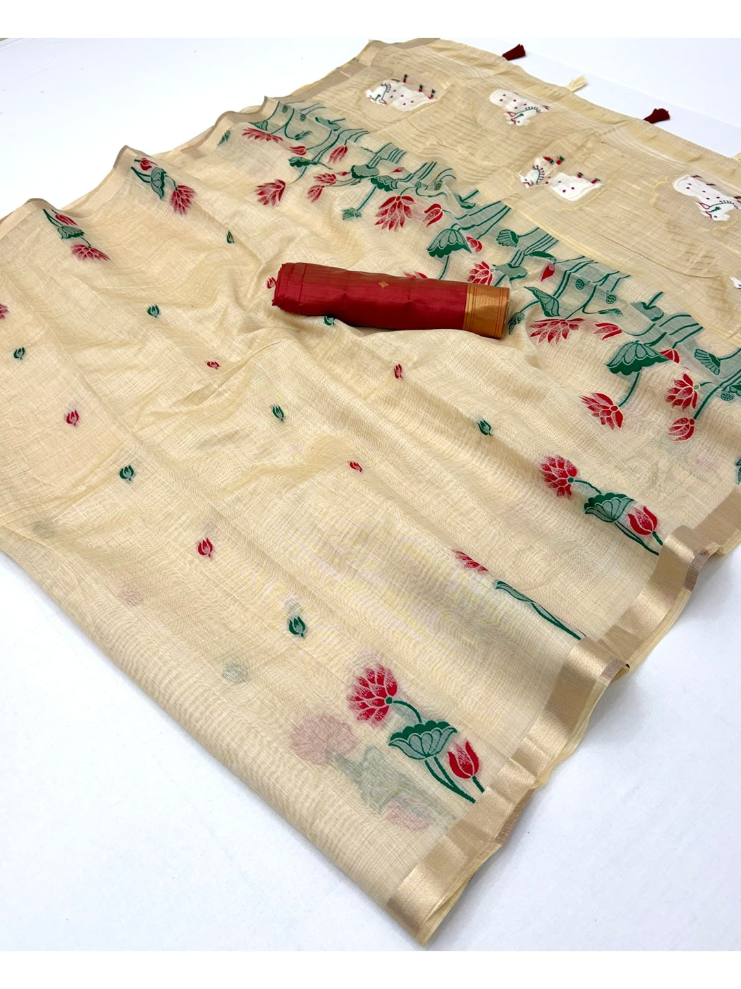 Peachmode Cream Jamdani Woven Silk Cotton Blend Saree - Image 3