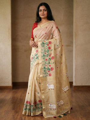 Peachmode Cream Jamdani Woven Silk Cotton Blend Saree - Image 1