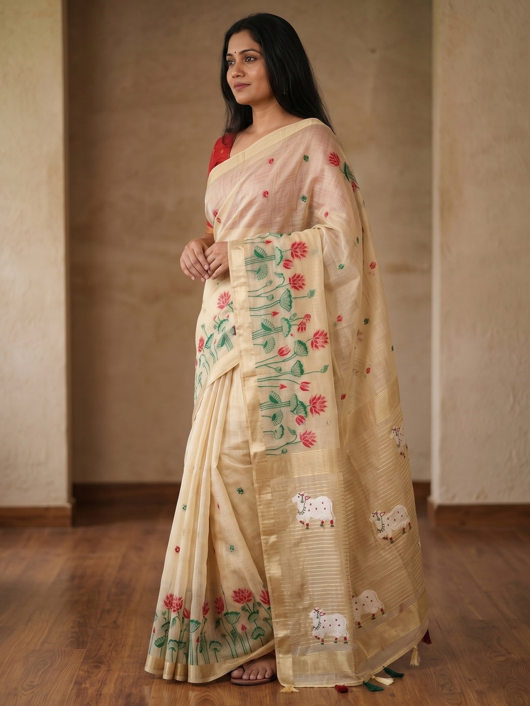 Peachmode Cream Jamdani Woven Silk Cotton Blend Saree - Image 4