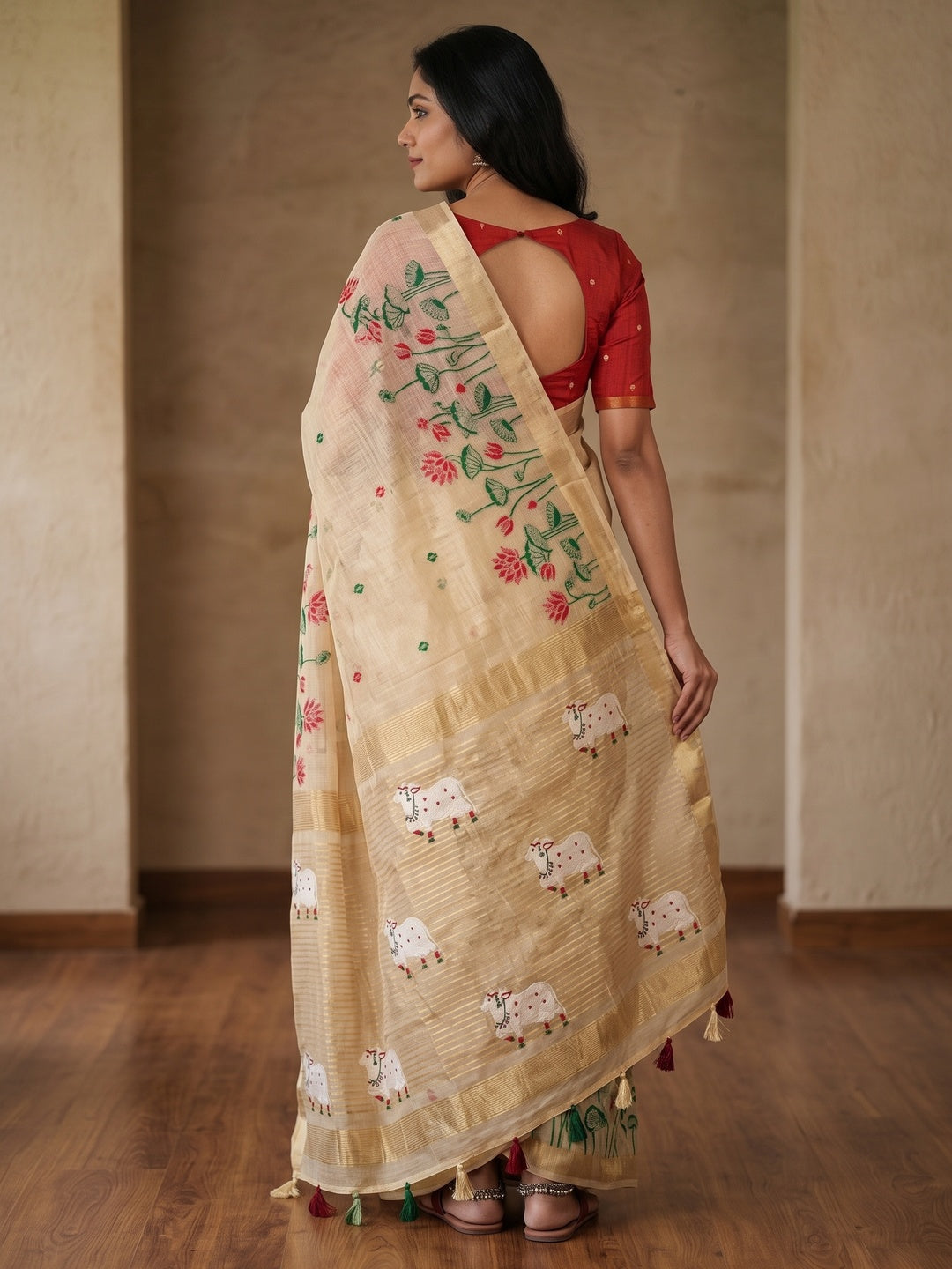 Peachmode Cream Jamdani Woven Silk Cotton Blend Saree - Image 5
