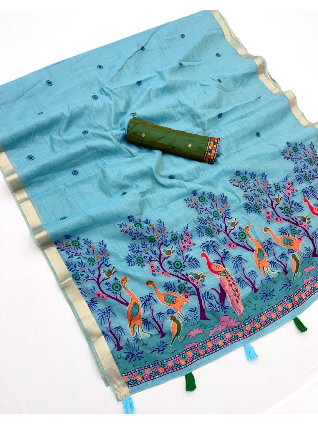 Peachmode Sky Blue Jamdani Peacock Woven Silk Cotton Blend Saree - Image 2