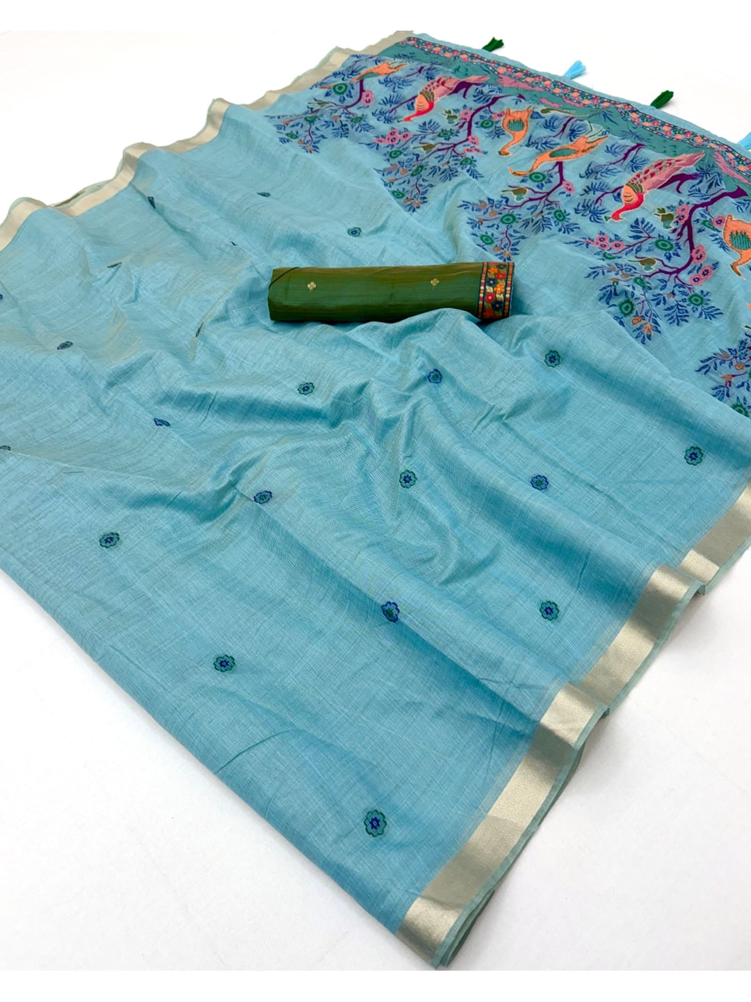 Peachmode Sky Blue Jamdani Peacock Woven Silk Cotton Blend Saree - Image 3