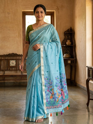 Peachmode Sky Blue Jamdani Peacock Woven Silk Cotton Blend Saree - Image 1