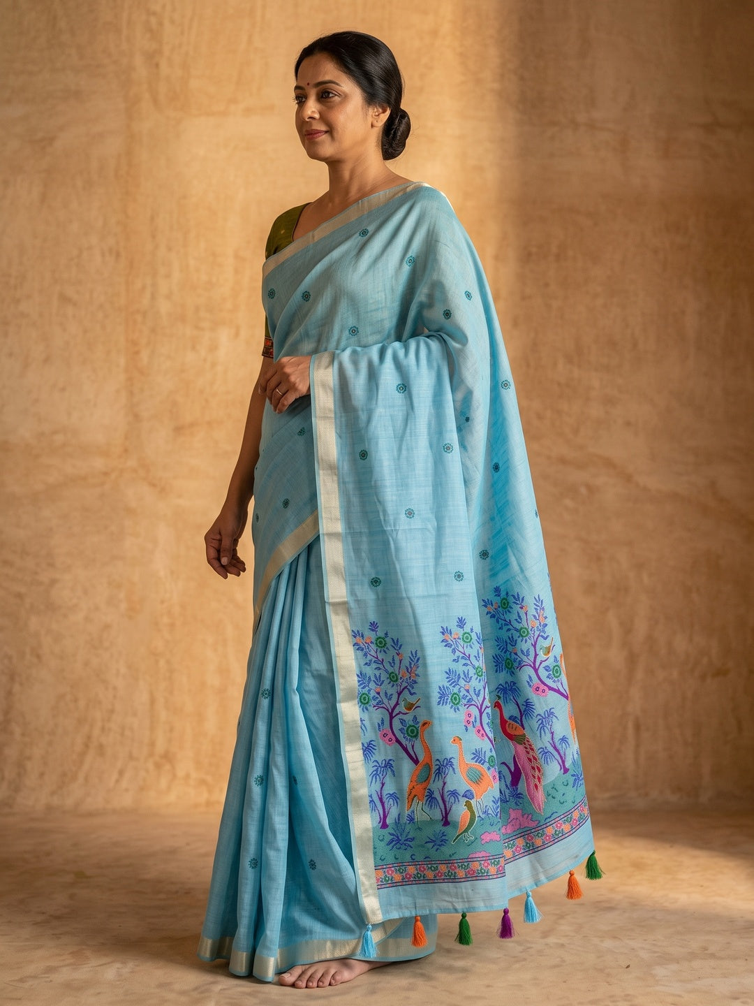 Peachmode Sky Blue Jamdani Peacock Woven Silk Cotton Blend Saree - Image 4