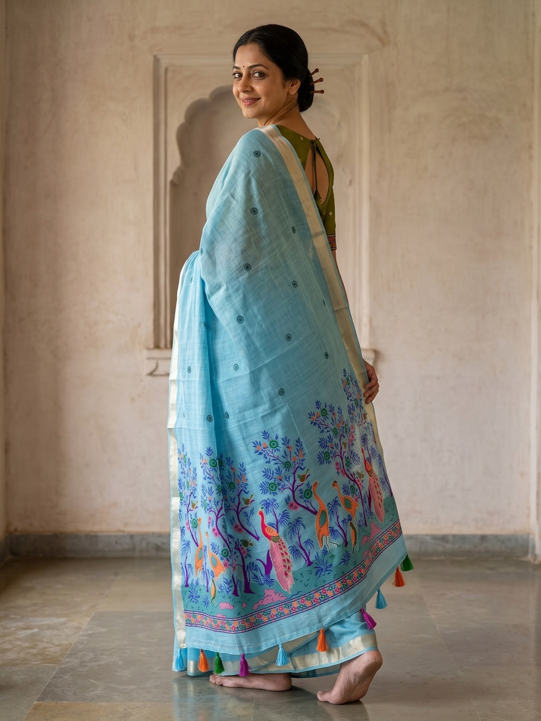 Peachmode Sky Blue Jamdani Peacock Woven Silk Cotton Blend Saree - Image 5