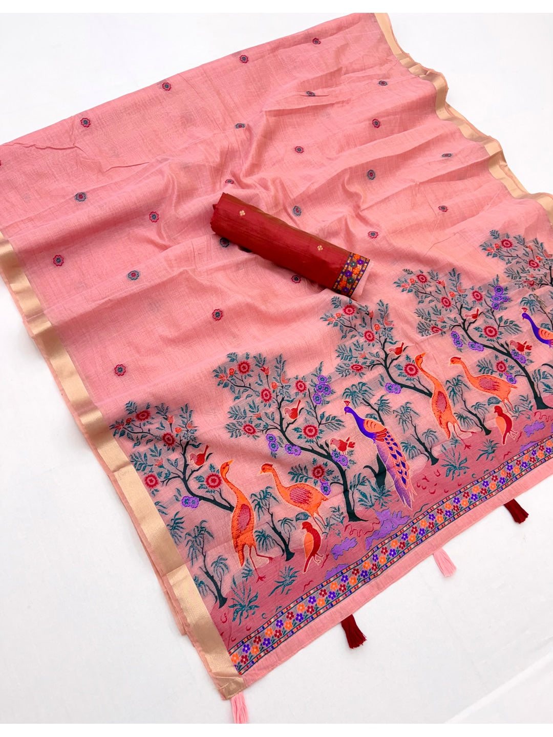 Peachmode Pink Jamdani Peacock Woven Silk Cotton Blend Saree - Image 3