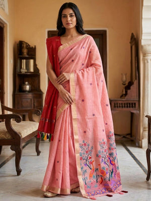 Peachmode Pink Jamdani Peacock Woven Silk Cotton Blend Saree - Image 1