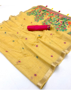 Peachmode Yellow Jamdani Peacock Woven Silk Cotton Blend Saree - Image 2