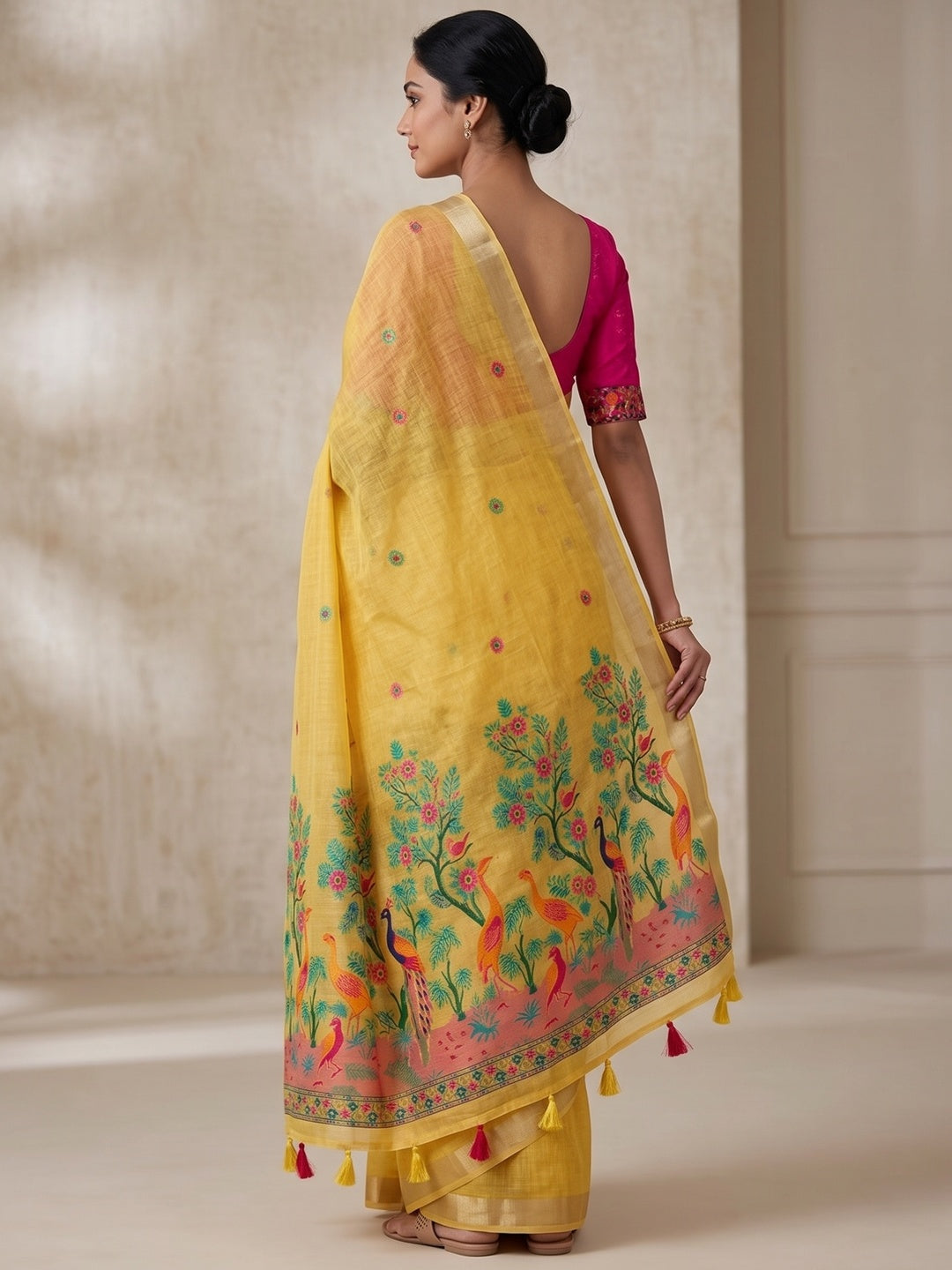 Peachmode Yellow Jamdani Peacock Woven Silk Cotton Blend Saree - Image 5