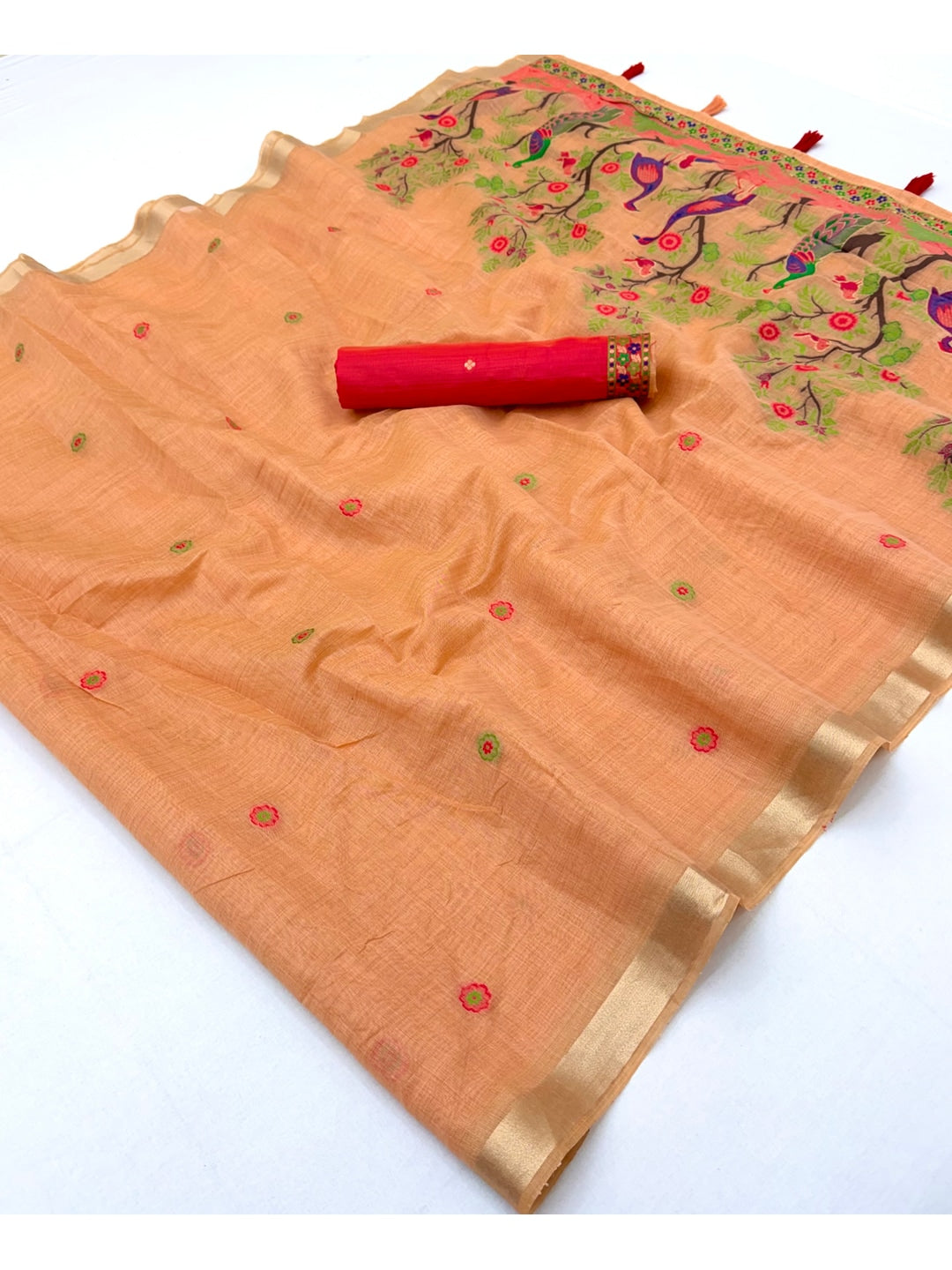 Peachmode Peach Jamdani Peacock Woven Silk Cotton Blend Saree - Image 2