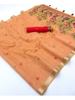 Peachmode Peach Jamdani Peacock Woven Silk Cotton Blend Saree - Image 2
