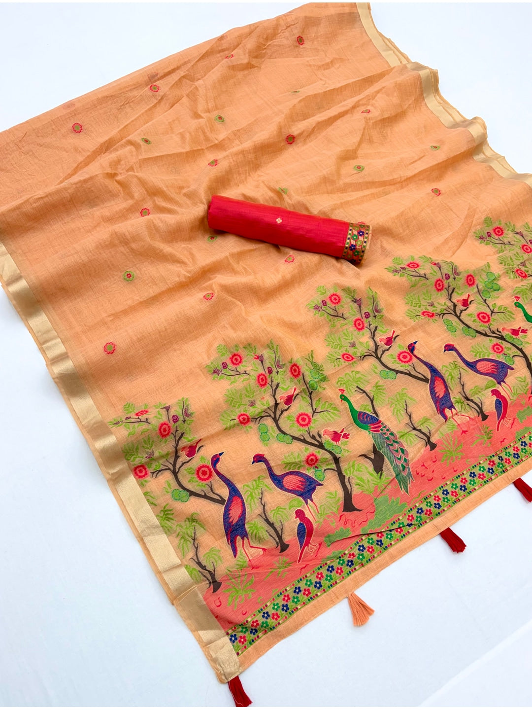 Peachmode Peach Jamdani Peacock Woven Silk Cotton Blend Saree - Image 3