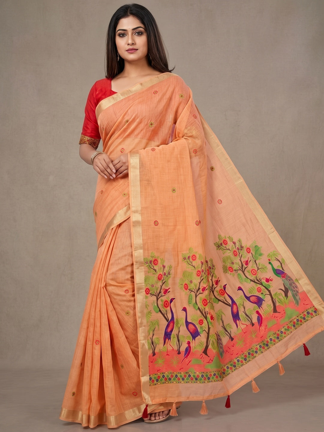 Peachmode Peach Jamdani Peacock Woven Silk Cotton Blend Saree - Image 4