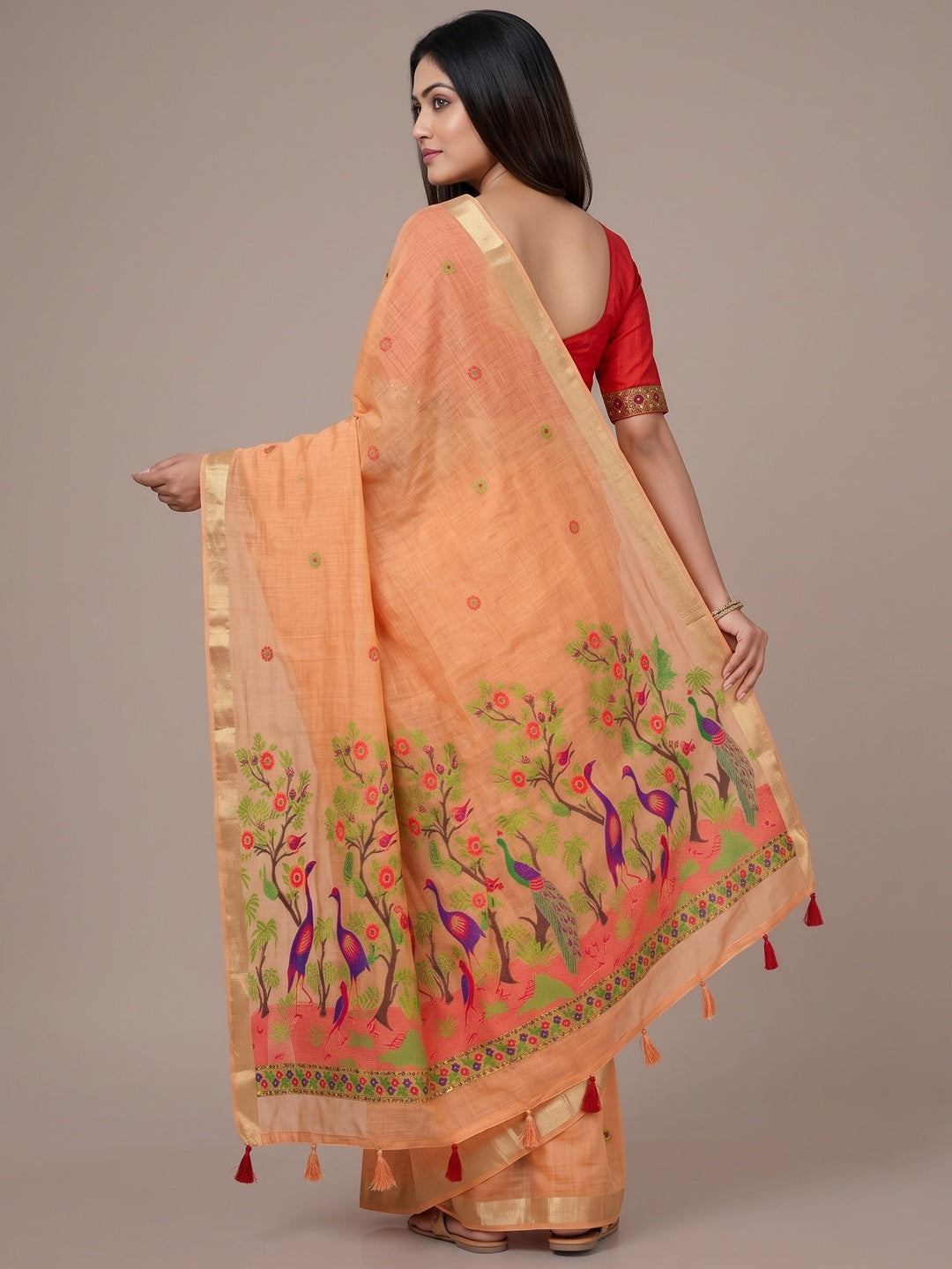 Peachmode Peach Jamdani Peacock Woven Silk Cotton Blend Saree - Image 5