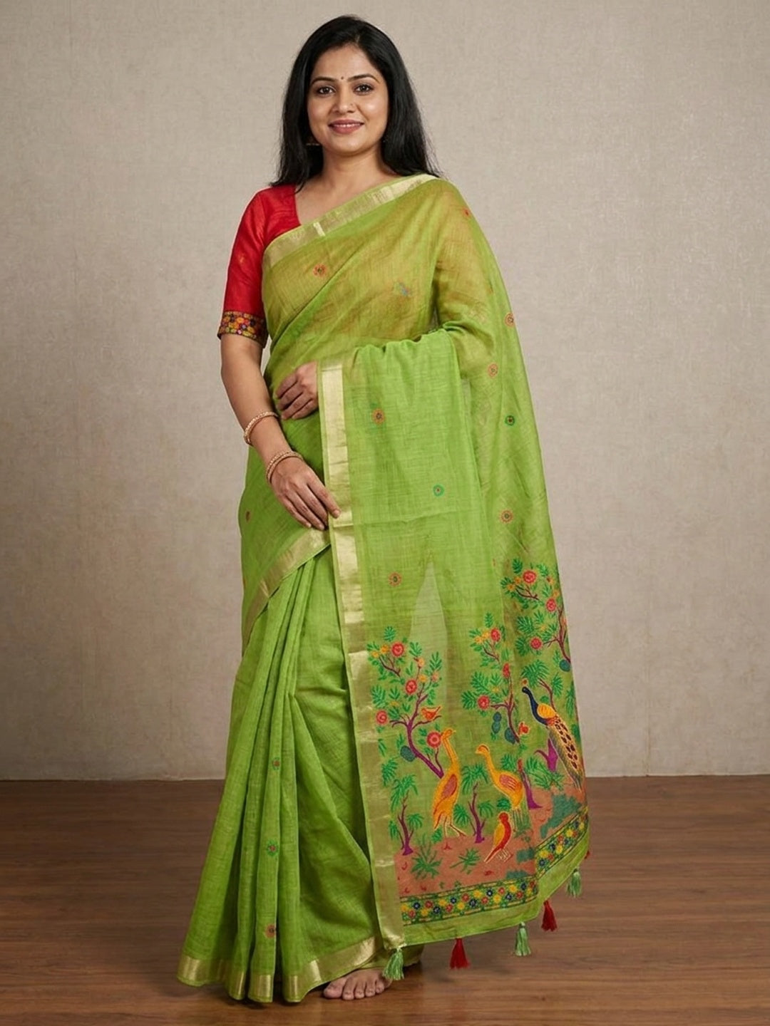 Peachmode Lime Green Jamdani Peacock Woven Silk Cotton Blend Saree - Image 1