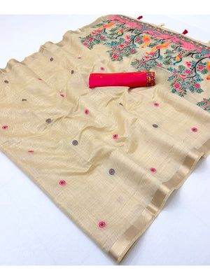Peachmode Cream Jamdani Peacock Woven Silk Cotton Blend Saree - Image 2