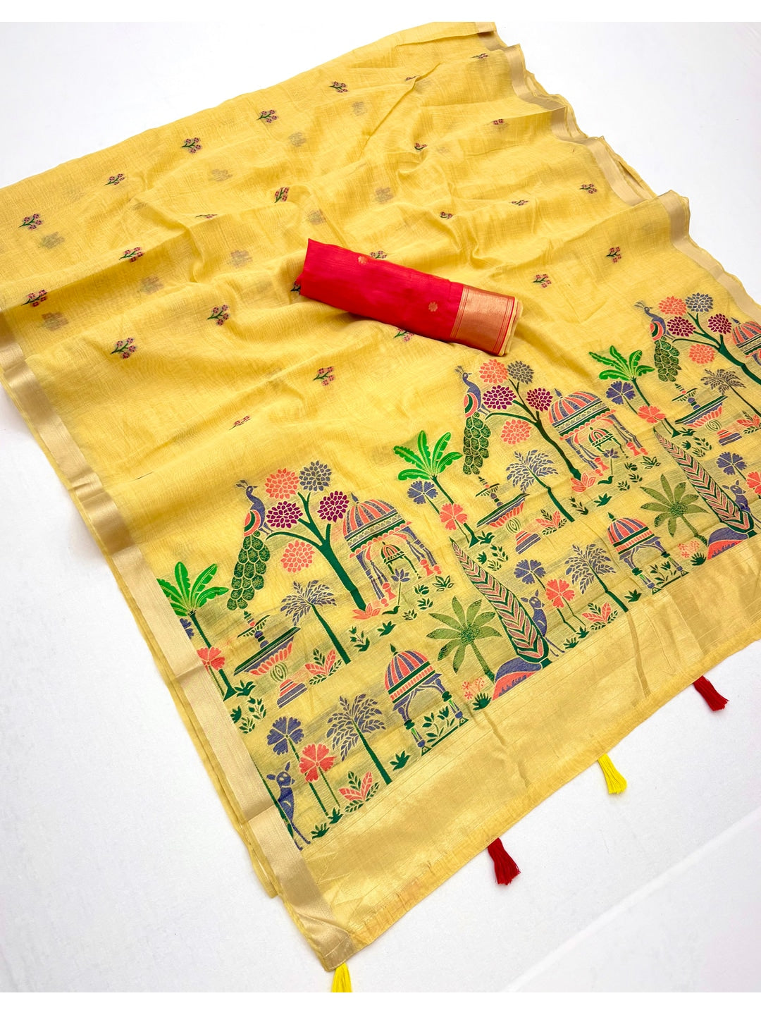 Peachmode Yellow Jamdani Palace Woven Silk Cotton Blend Saree - Image 2