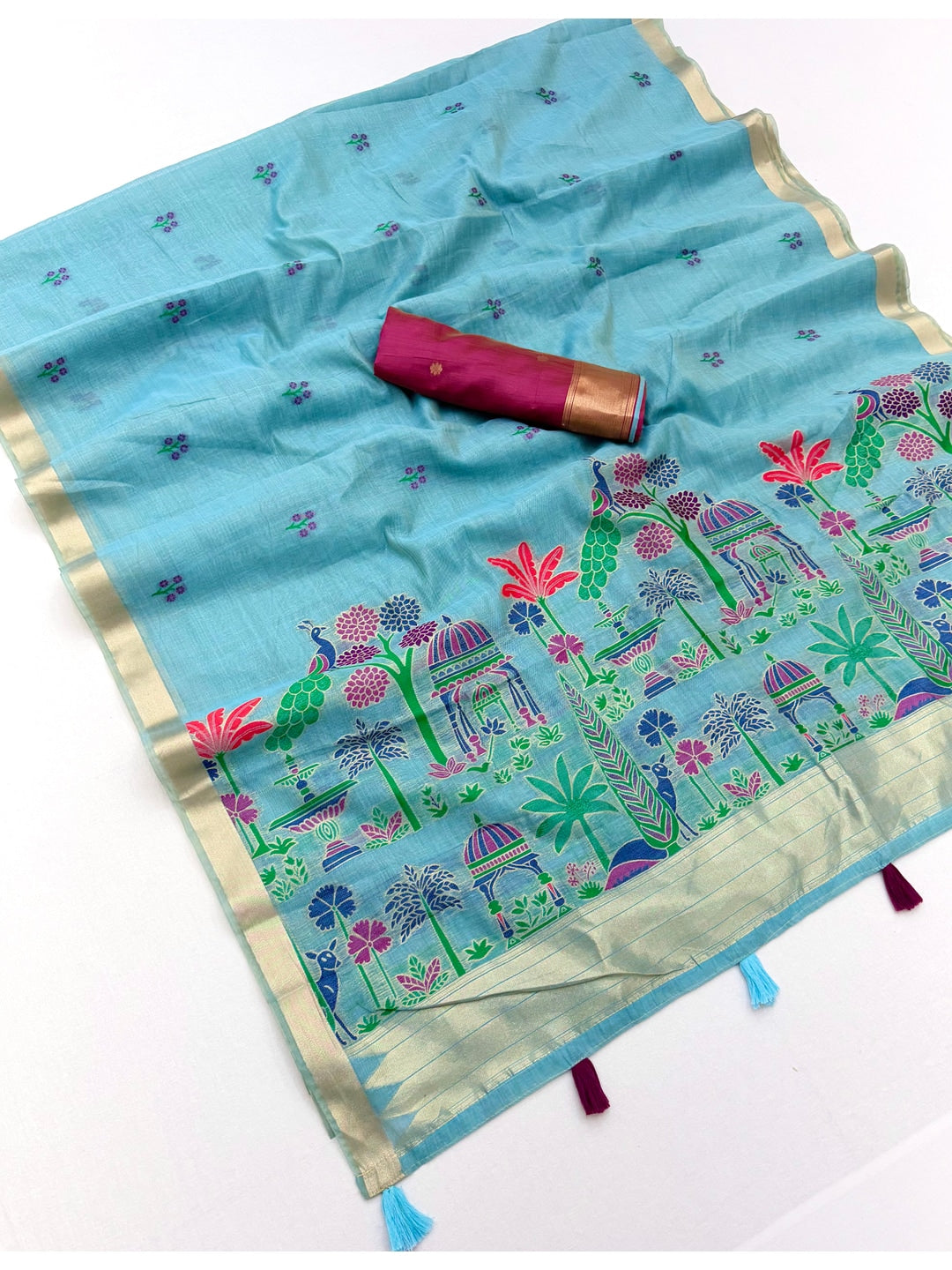 Peachmode Sky Blue Jamdani Palace Woven Silk Cotton Blend Saree - Image 2