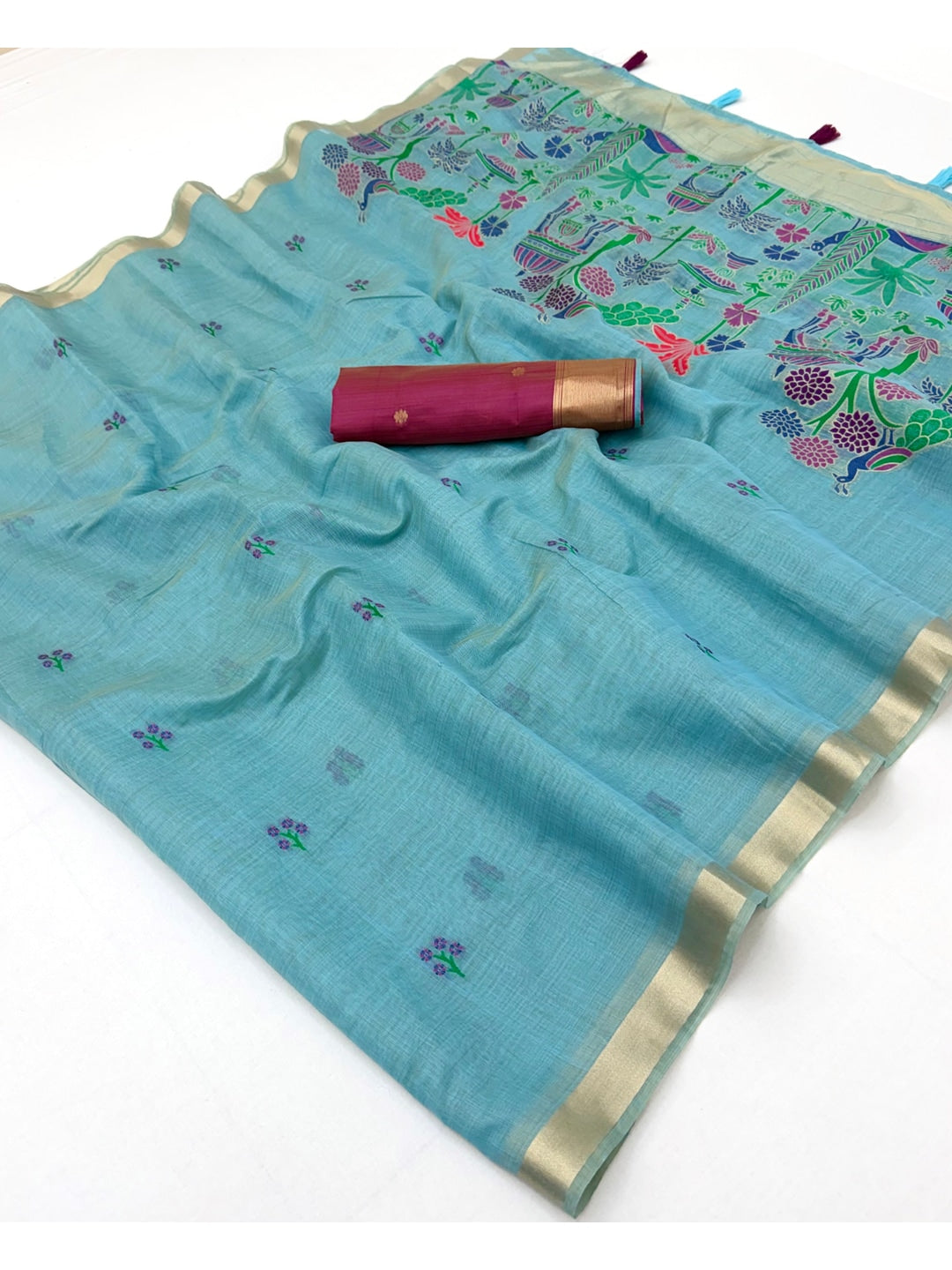 Peachmode Sky Blue Jamdani Palace Woven Silk Cotton Blend Saree - Image 3