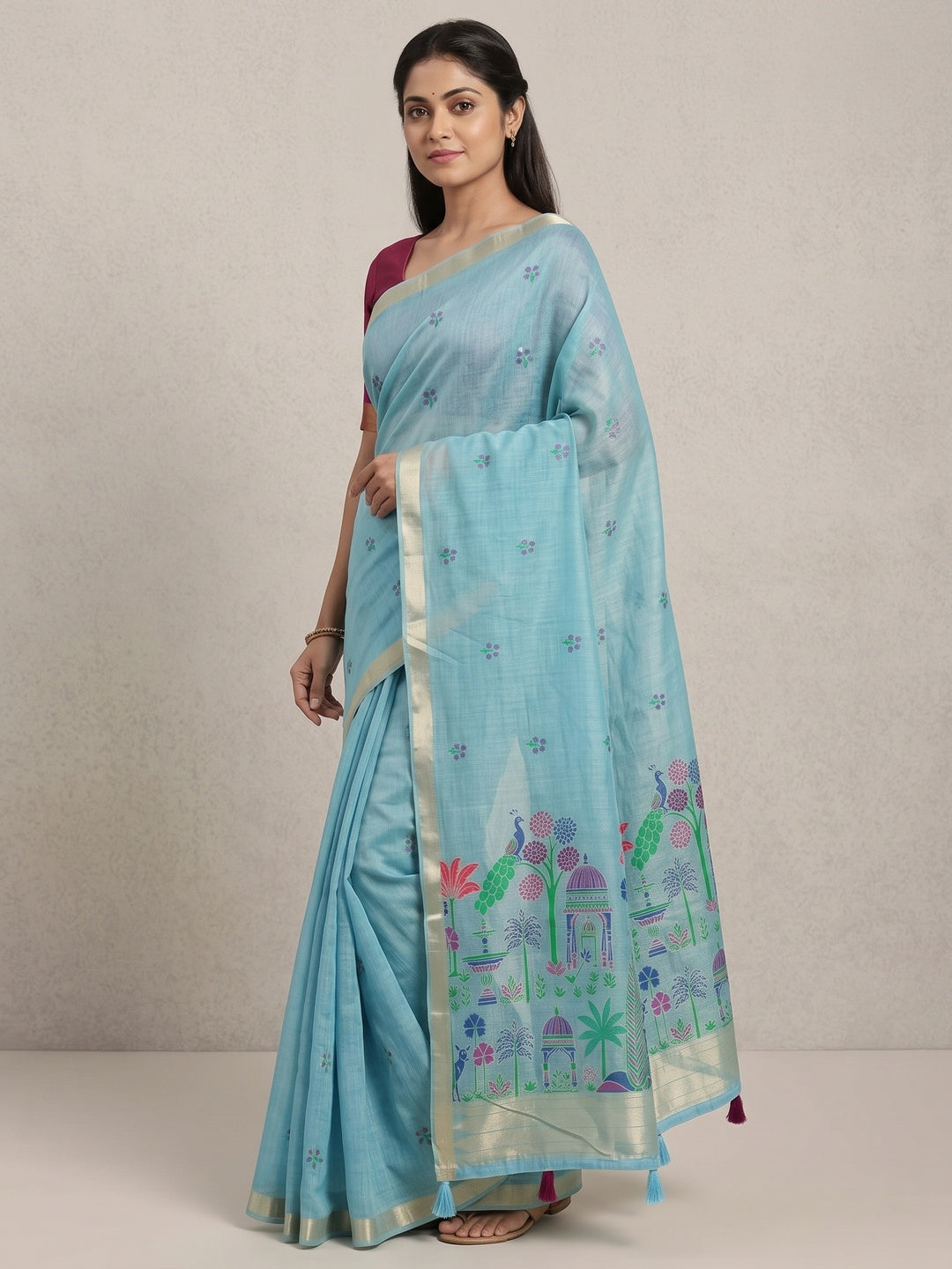 Peachmode Sky Blue Jamdani Palace Woven Silk Cotton Blend Saree - Image 4