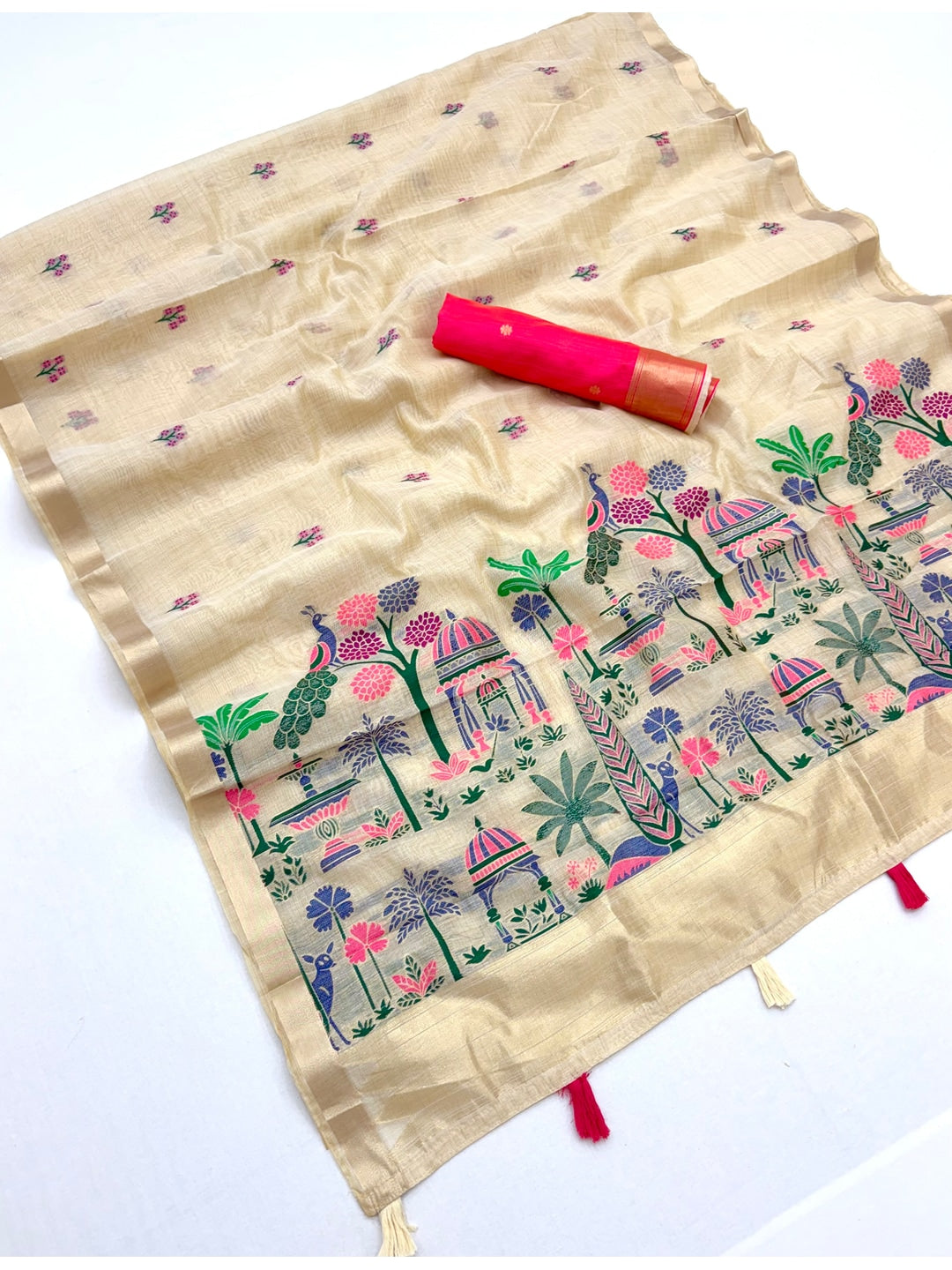 Peachmode Cream Jamdani Palace Woven Silk Cotton Blend Saree - Image 2