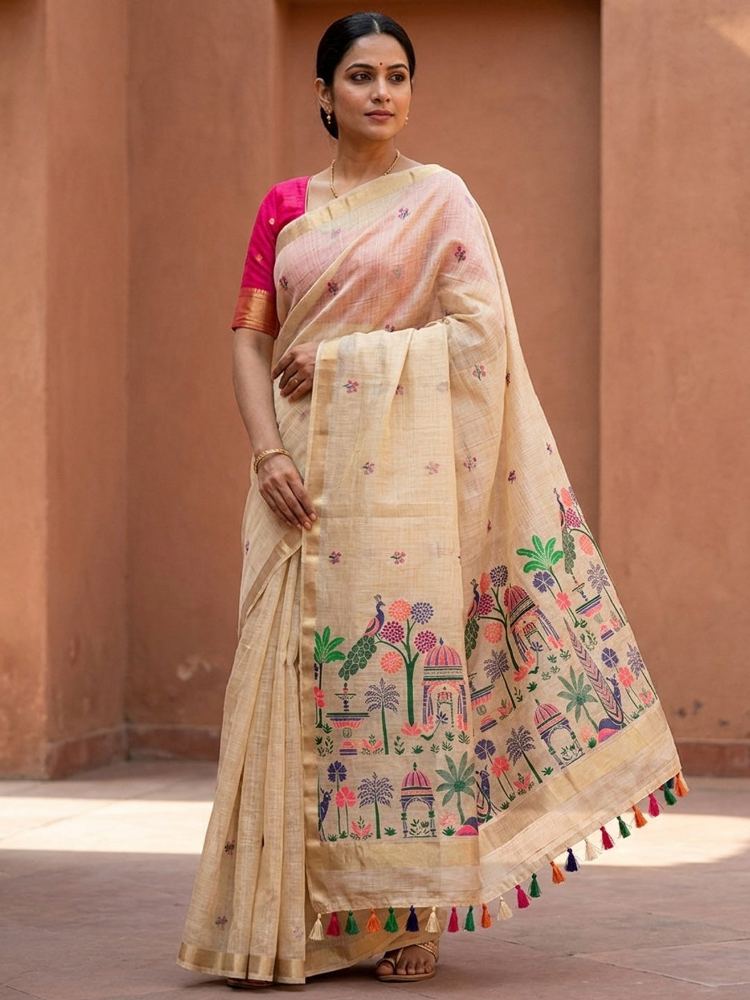 Peachmode Cream Jamdani Palace Woven Silk Cotton Blend Saree - Image 1
