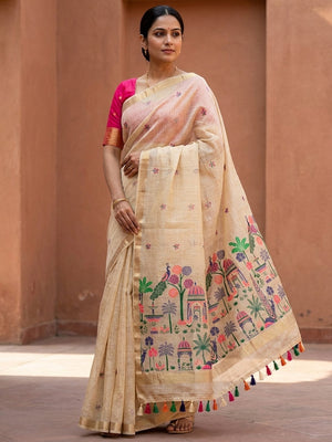 Peachmode Cream Jamdani Palace Woven Silk Cotton Blend Saree - Image 1