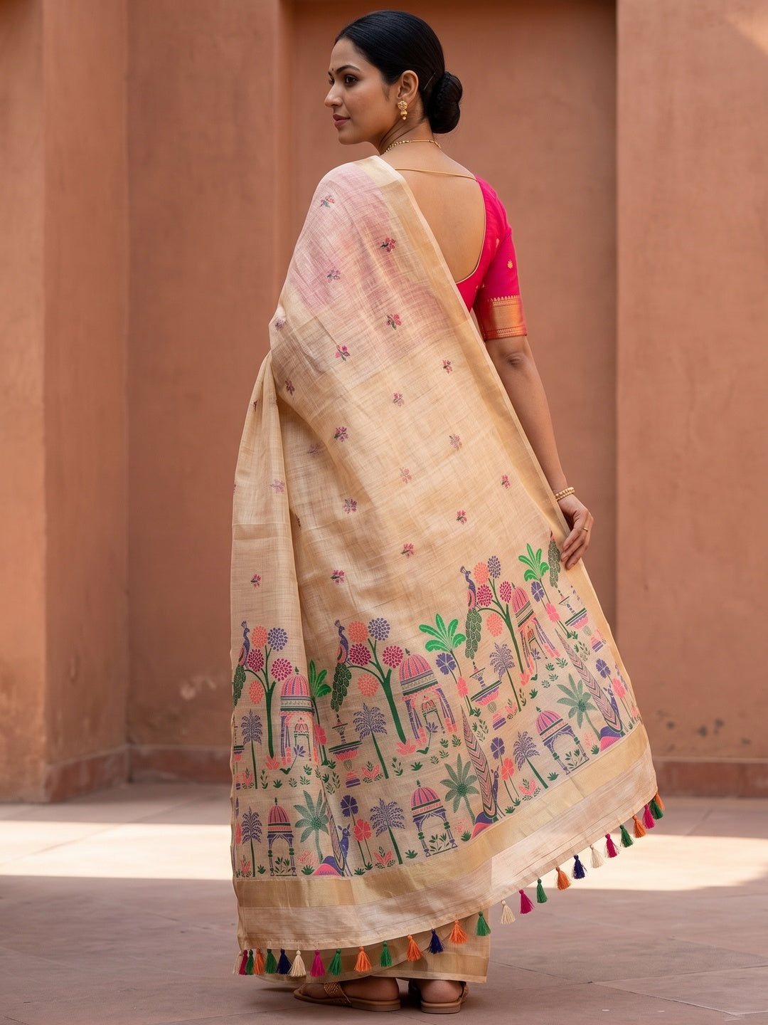 Peachmode Cream Jamdani Palace Woven Silk Cotton Blend Saree - Image 5