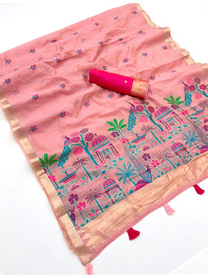 Peachmode Pink Jamdani Palace Woven Silk Cotton Blend Saree - Image 2