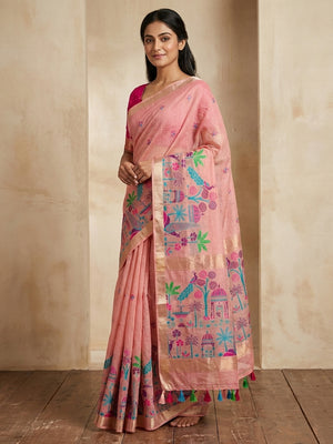 Peachmode Pink Jamdani Palace Woven Silk Cotton Blend Saree - Image 1