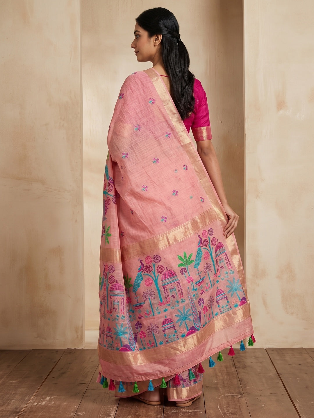 Peachmode Pink Jamdani Palace Woven Silk Cotton Blend Saree - Image 5