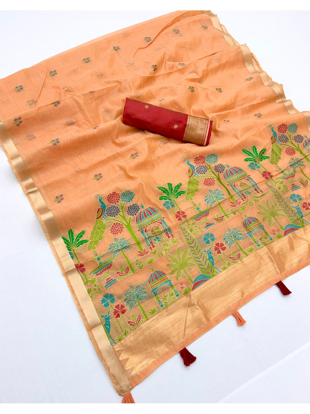 Peachmode Peach Jamdani Palace Woven Silk Cotton Blend Saree - Image 2