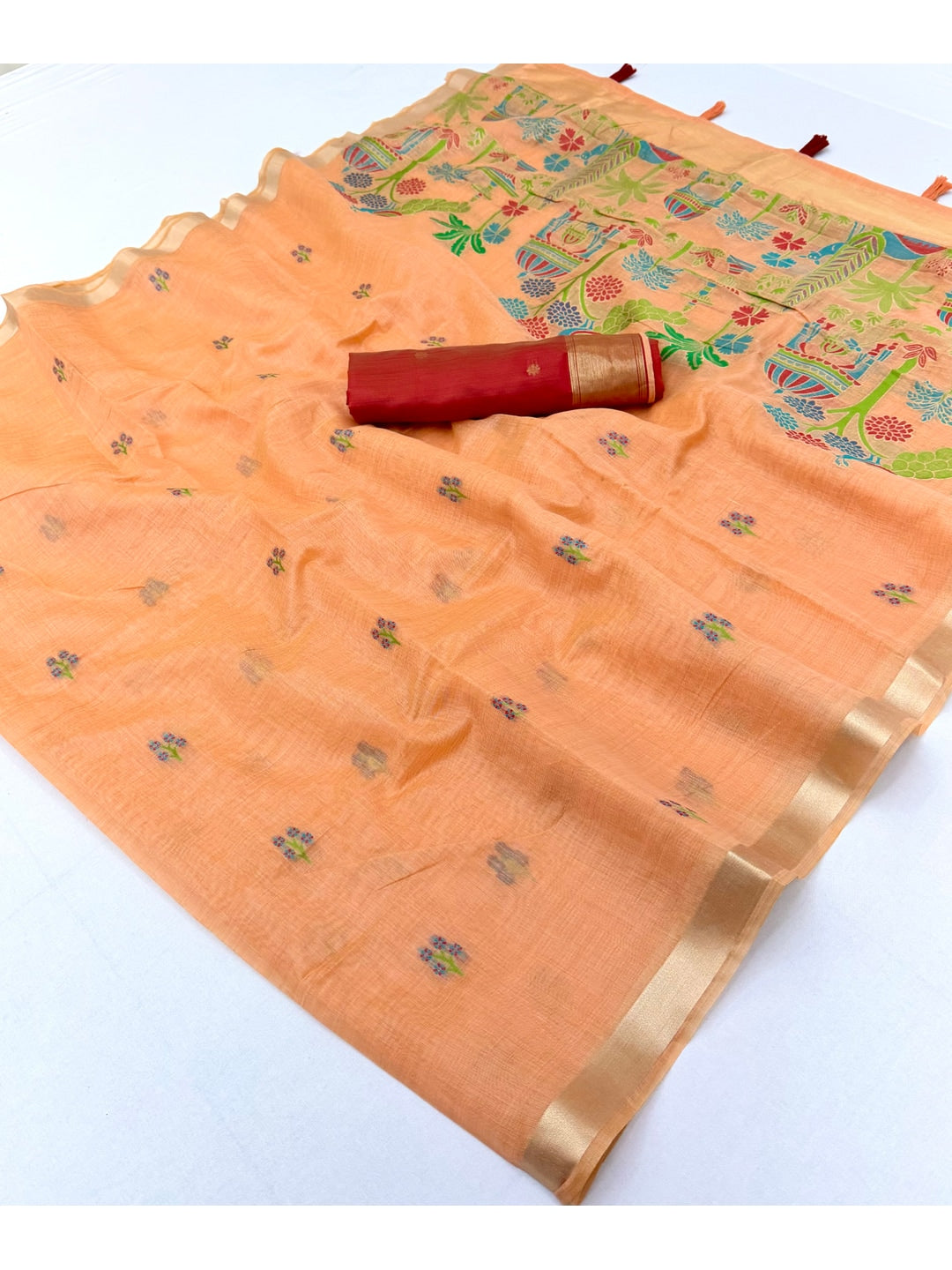 Peachmode Peach Jamdani Palace Woven Silk Cotton Blend Saree - Image 3