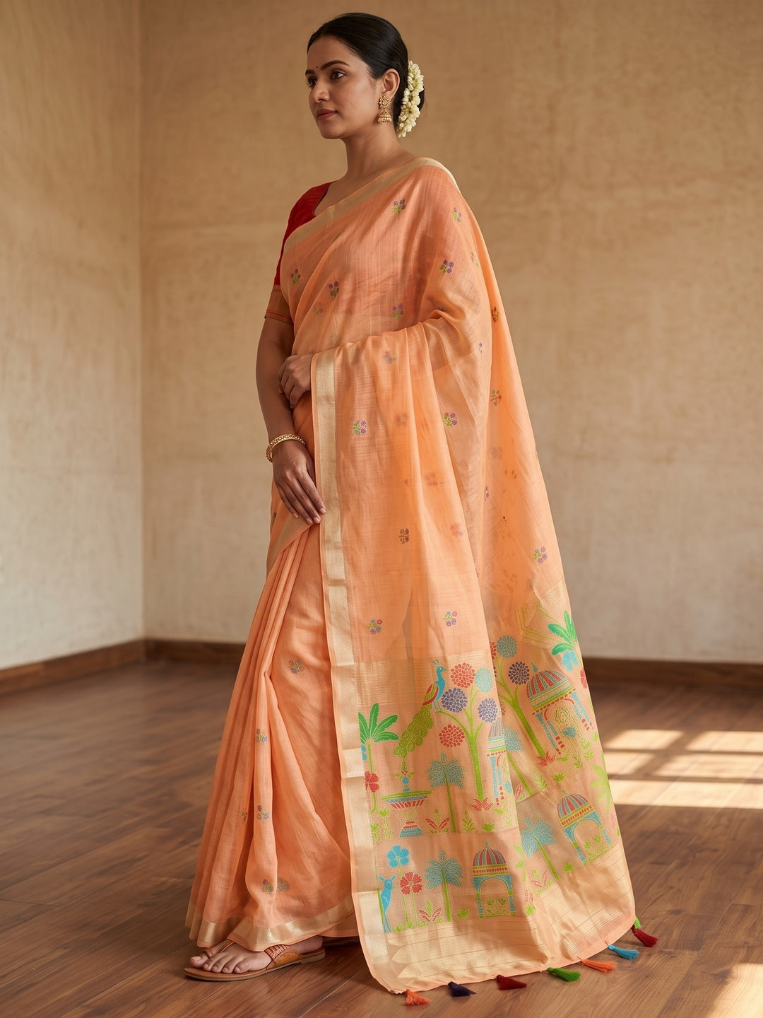 Peachmode Peach Jamdani Palace Woven Silk Cotton Blend Saree - Image 1