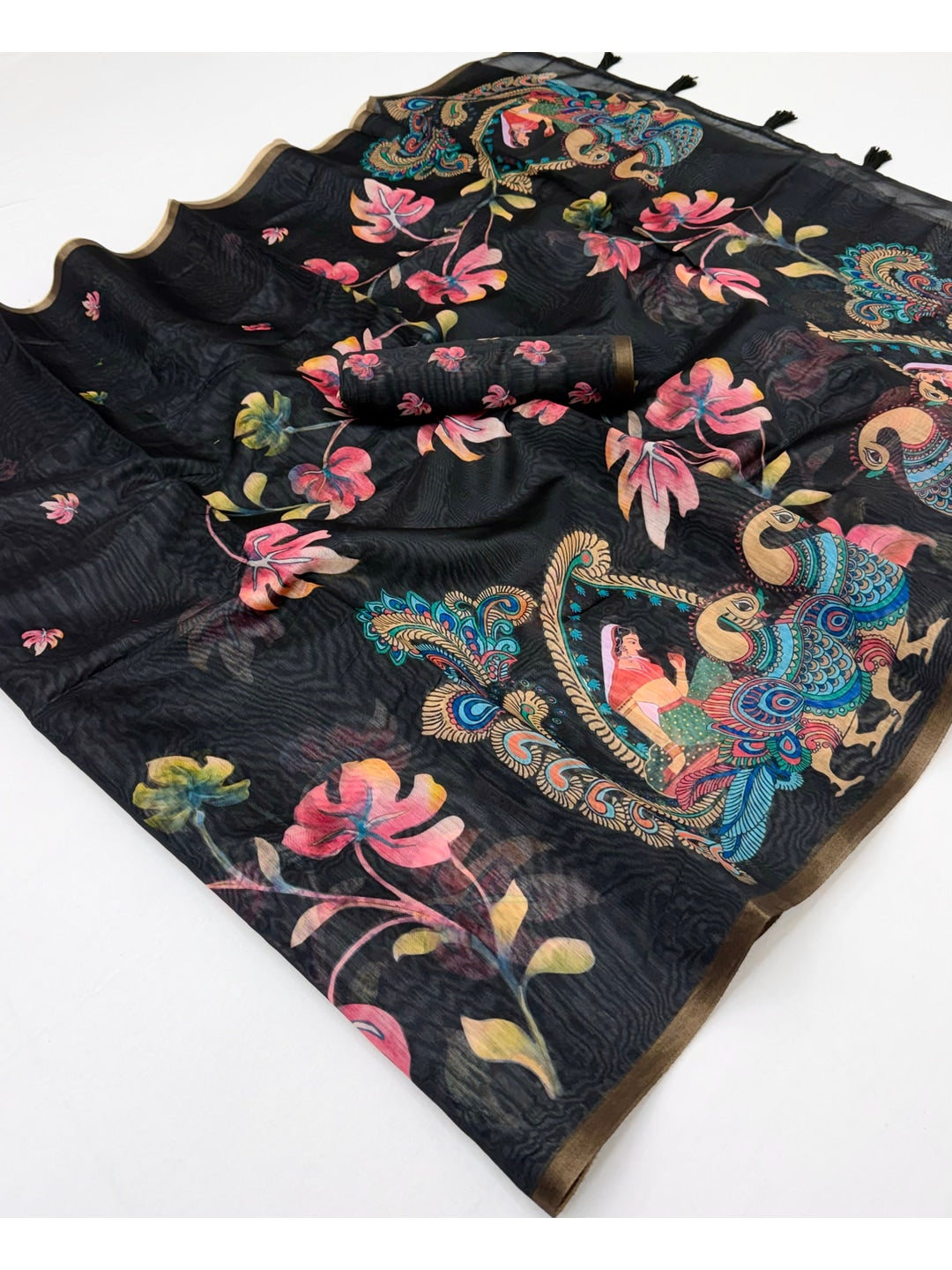Peachmode Black Kalamkari Printed Chanderi Linen Saree - Image 2