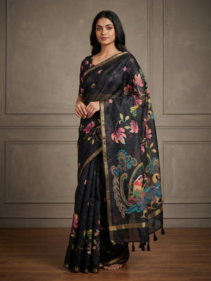 Peachmode Black Kalamkari Printed Chanderi Linen Saree - Image 1