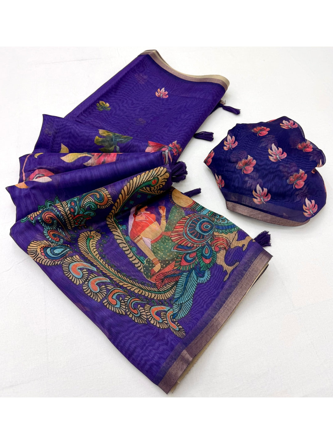 Peachmode Purple Kalamkari Printed Chanderi Linen Saree - Image 3