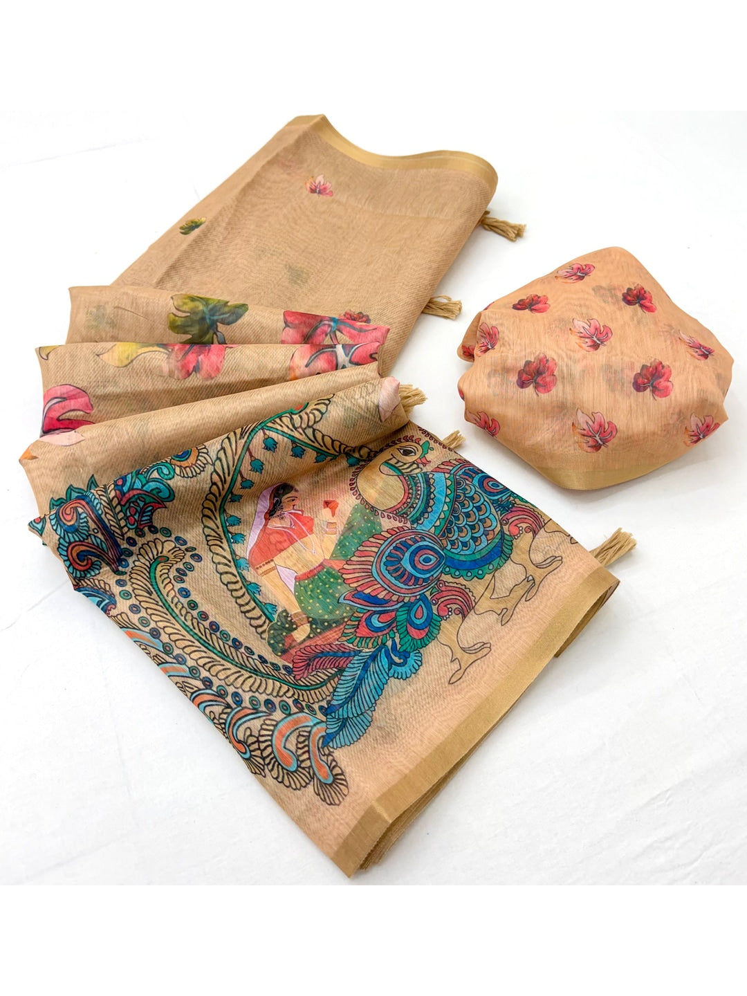 Peachmode Beige Kalamkari Printed Chanderi Linen Saree - Image 2