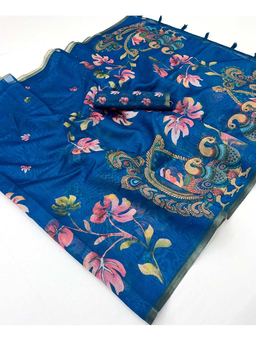 Peachmode Blue Kalamkari Printed Chanderi Linen Saree - Image 3