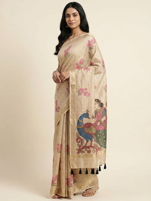 Peachmode Beige Kalamkari Printed Chanderi Linen Saree - Image 1