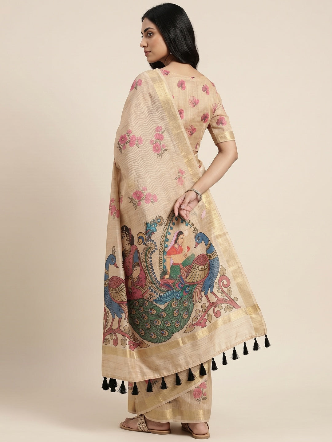 Peachmode Beige Kalamkari Printed Chanderi Linen Saree - Image 5