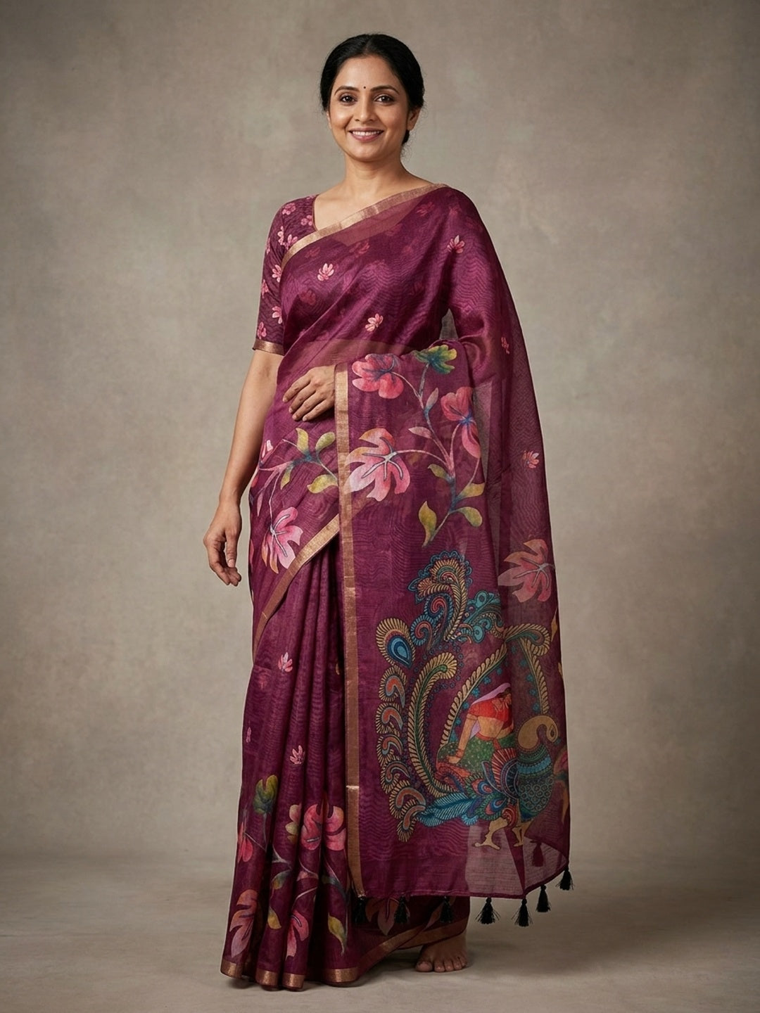 Peachmode Wine Kalamkari Printed Chanderi Linen Saree - Image 1