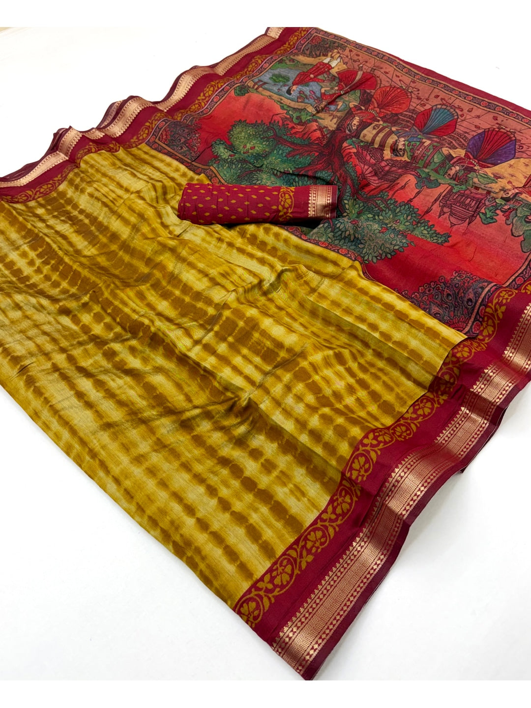 Peachmode Mustard Tie Dye Printed Mul Cotton Saree - Image 2