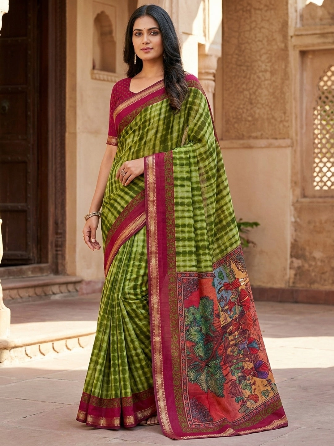Peachmode Green Tie Dye Printed Mul Cotton Saree - Image 1