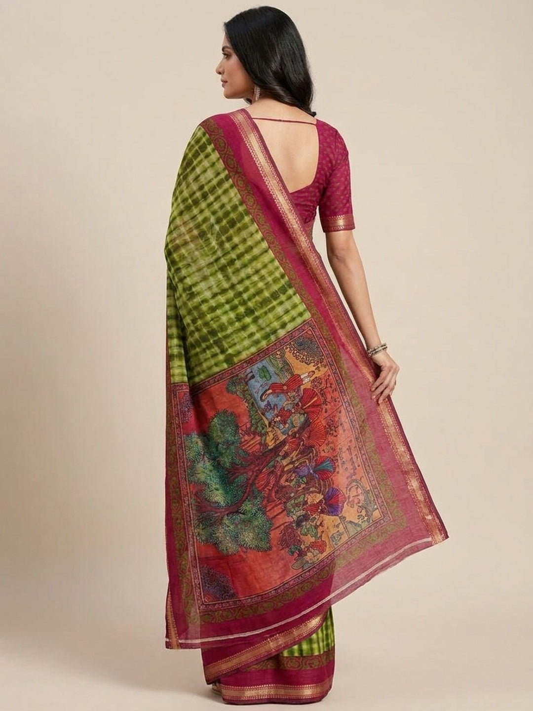 Peachmode Green Tie Dye Printed Mul Cotton Saree - Image 5