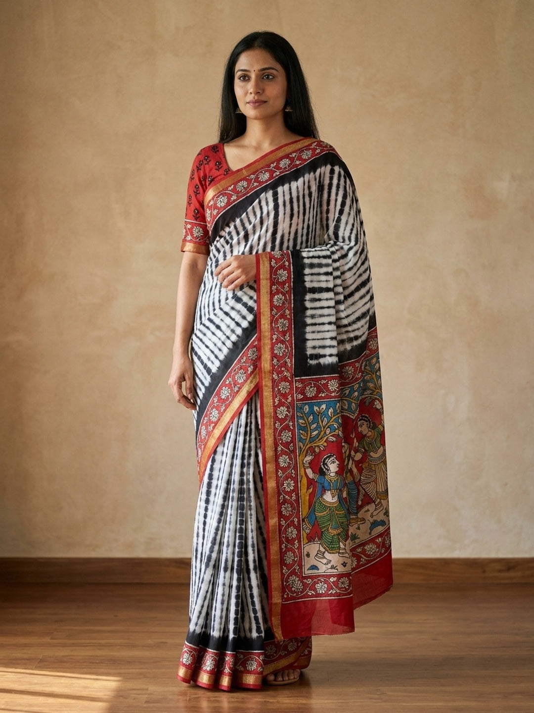 Peachmode Black Tie Dye Printed Mul Cotton Saree - Image 1