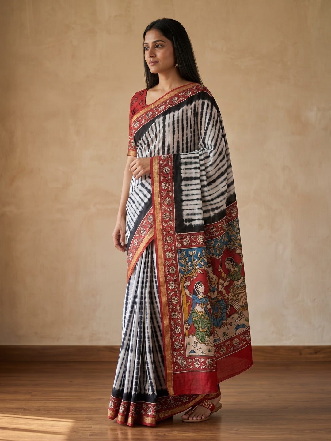 Peachmode Black Tie Dye Printed Mul Cotton Saree - Image 4