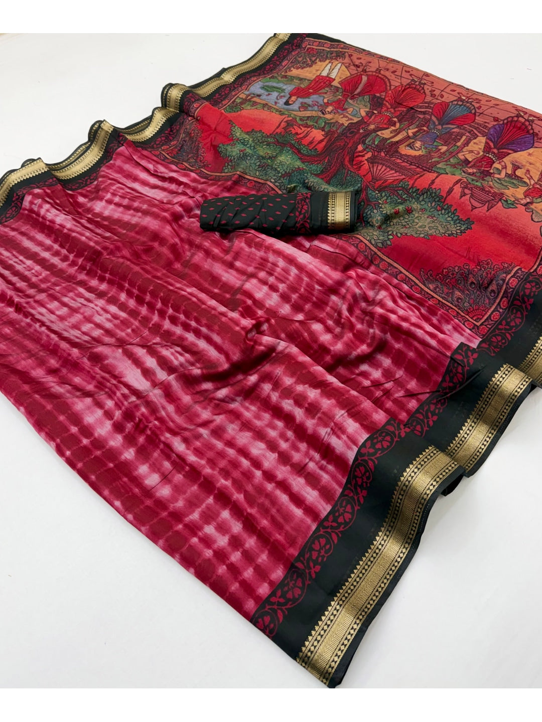 Peachmode Wine Tie Dye Printed Mul Cotton Saree - Image 2